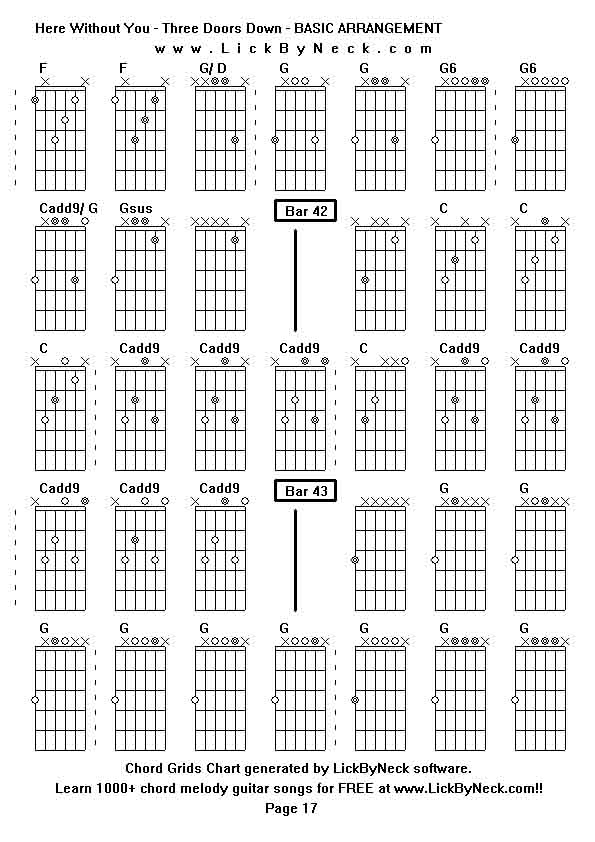 Chord Grids Chart of chord melody fingerstyle guitar song-Here Without You - Three Doors Down - BASIC ARRANGEMENT,generated by LickByNeck software.